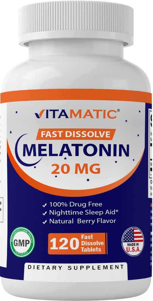 Vitamatic Melatonin 20mg Tablets | Vegetarian, Non-GMO, Gluten Free | HIGH Potency 20 MG | Natural Berry Flavor 120 Tablets