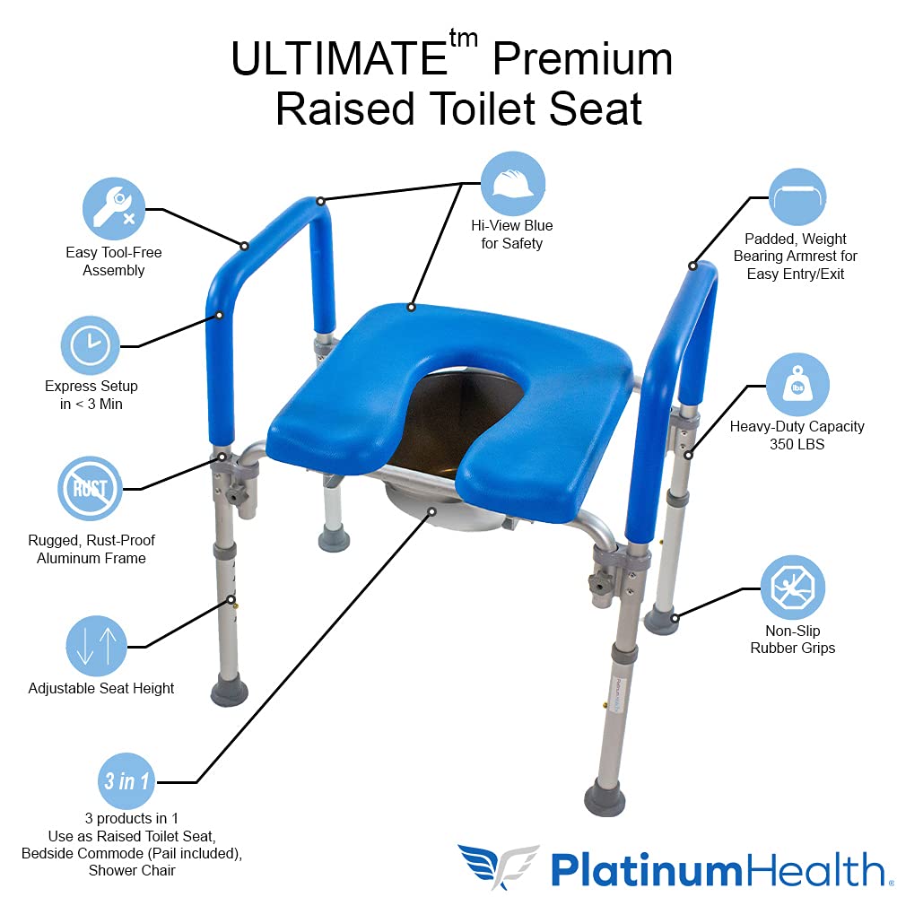 Platinum Health Ultimate Raised Toilet Seat with Handles, Padded, Armrests, Adjustable Height, Premium Elevated Toilet Seat for Elderly Bathroom Safety with Arms, Standard and Elongated Toilets, Blue