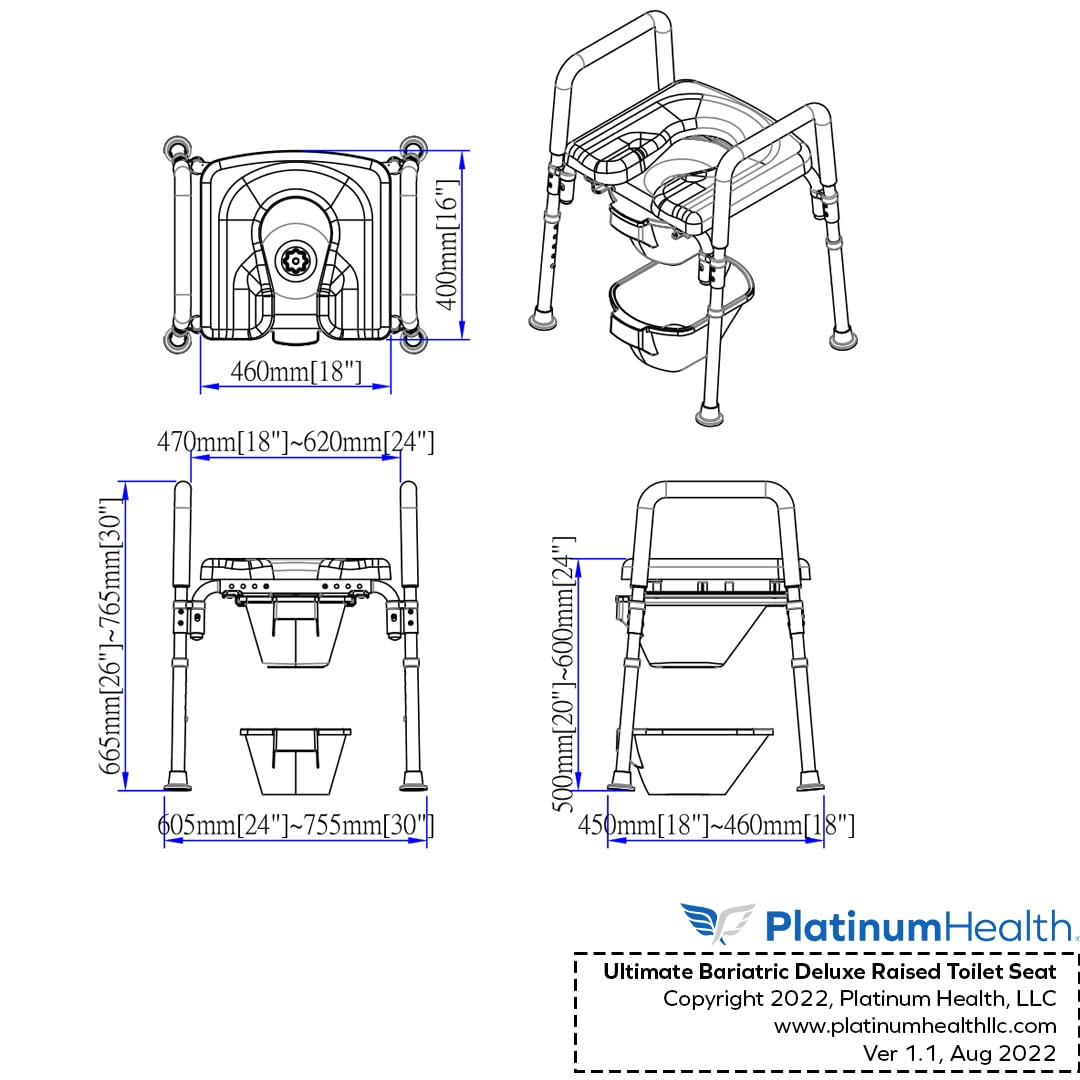 Platinum Health Ultimate Raised Toilet Seat with Handles, Padded, Armrests, Adjustable Height, Premium Elevated Toilet Seat for Elderly Bathroom Safety with Arms, Standard and Elongated Toilets, Blue