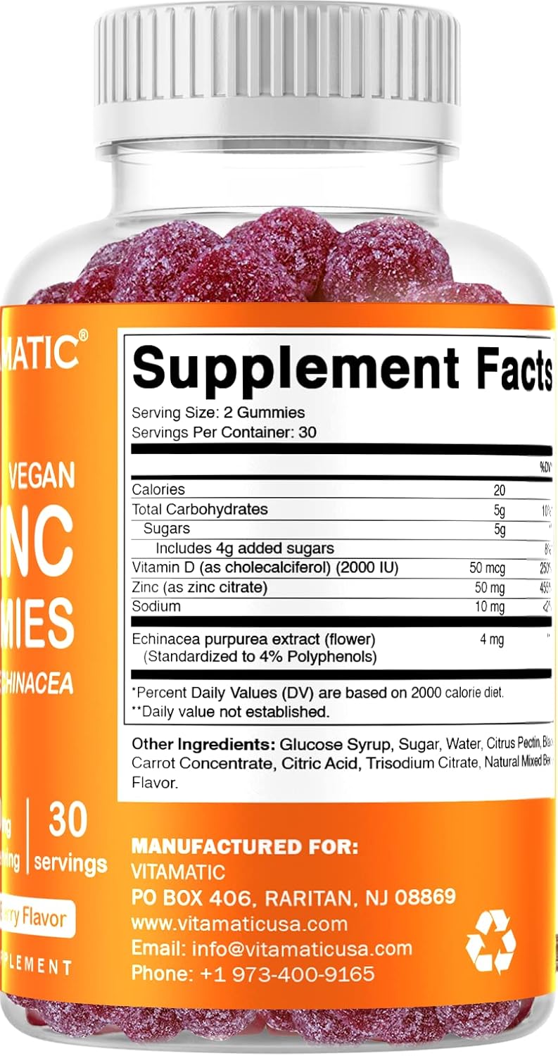 2 Pack - Vitamatic Zinc 50mg Gummies - 60 Vegan Gummies - Gluten Free - Healthy Immune Support for Adults, Men, Women