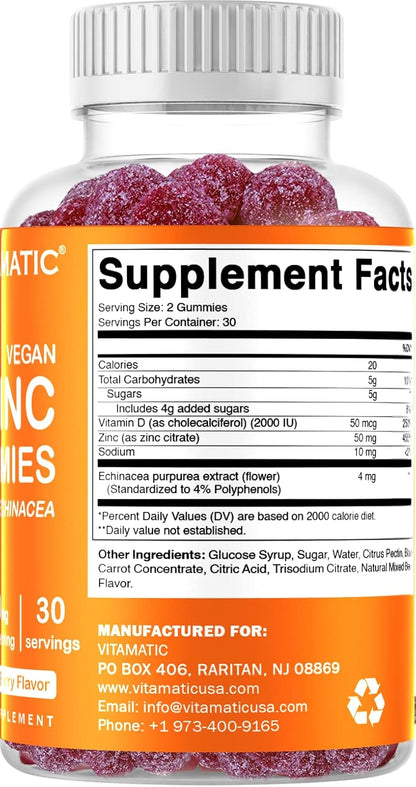 2 Pack - Vitamatic Zinc 50mg Gummies - 60 Vegan Gummies - Gluten Free - Healthy Immune Support for Adults, Men, Women