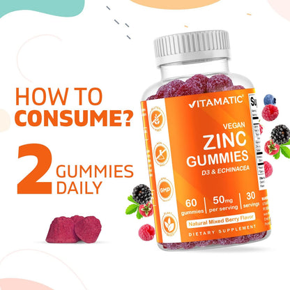 2 Pack - Vitamatic Zinc 50mg Gummies - 60 Vegan Gummies - Gluten Free - Healthy Immune Support for Adults, Men, Women