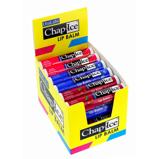 Chap-Ice® | Premium and Traditional Lip Balm for Chapped, Dry, or Windburned Lips | 3 Flavor Assorted (SPF-15) - Cherry, Moisture & Watermelon - 24 Sticks (0.15oz/4.25g)