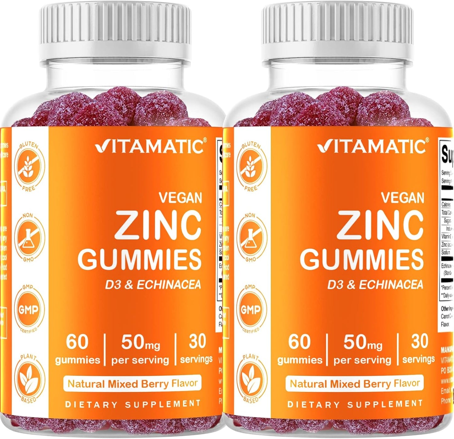 2 Pack - Vitamatic Zinc 50mg Gummies - 60 Vegan Gummies - Gluten Free - Healthy Immune Support for Adults, Men, Women